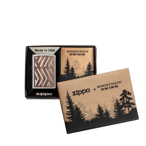 Zippo Chrom gebürstet Woodchuck Herringbone Sweep Walnuss Emblem