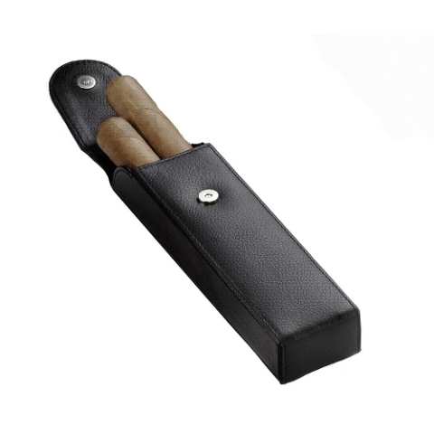 Zigarren-Etui Leder in schwarz mit Überschlag - 160mm lang und 25mm tief, 2er