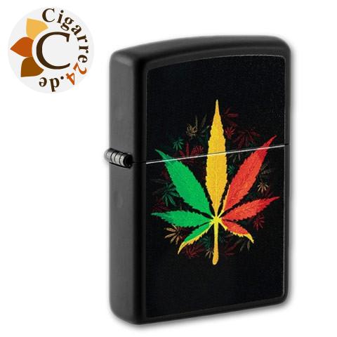 Zippo Schwarz matt Rasta Cannabis Design